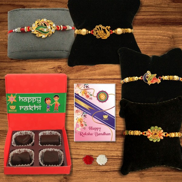 BOGATCHI 4 Chocolate Box 4 Rakhi Roli Chawal and Greeting Card D | Rakhi gifts | Rakhi with Gift Combo 